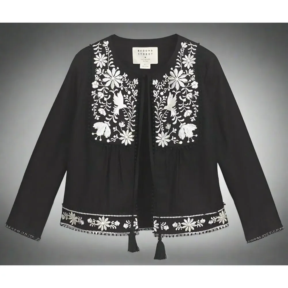 Kate Spade Black Linen Blend Crop Jacket Floral Embroidery Womens Medium